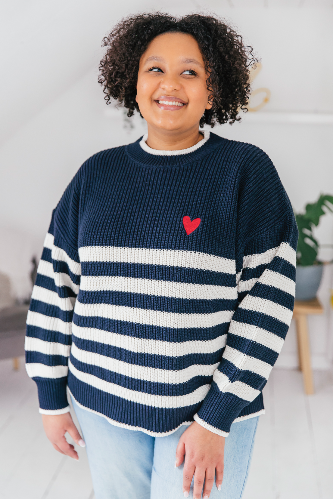 O&F Stripe Jumper with Heart Embroidery