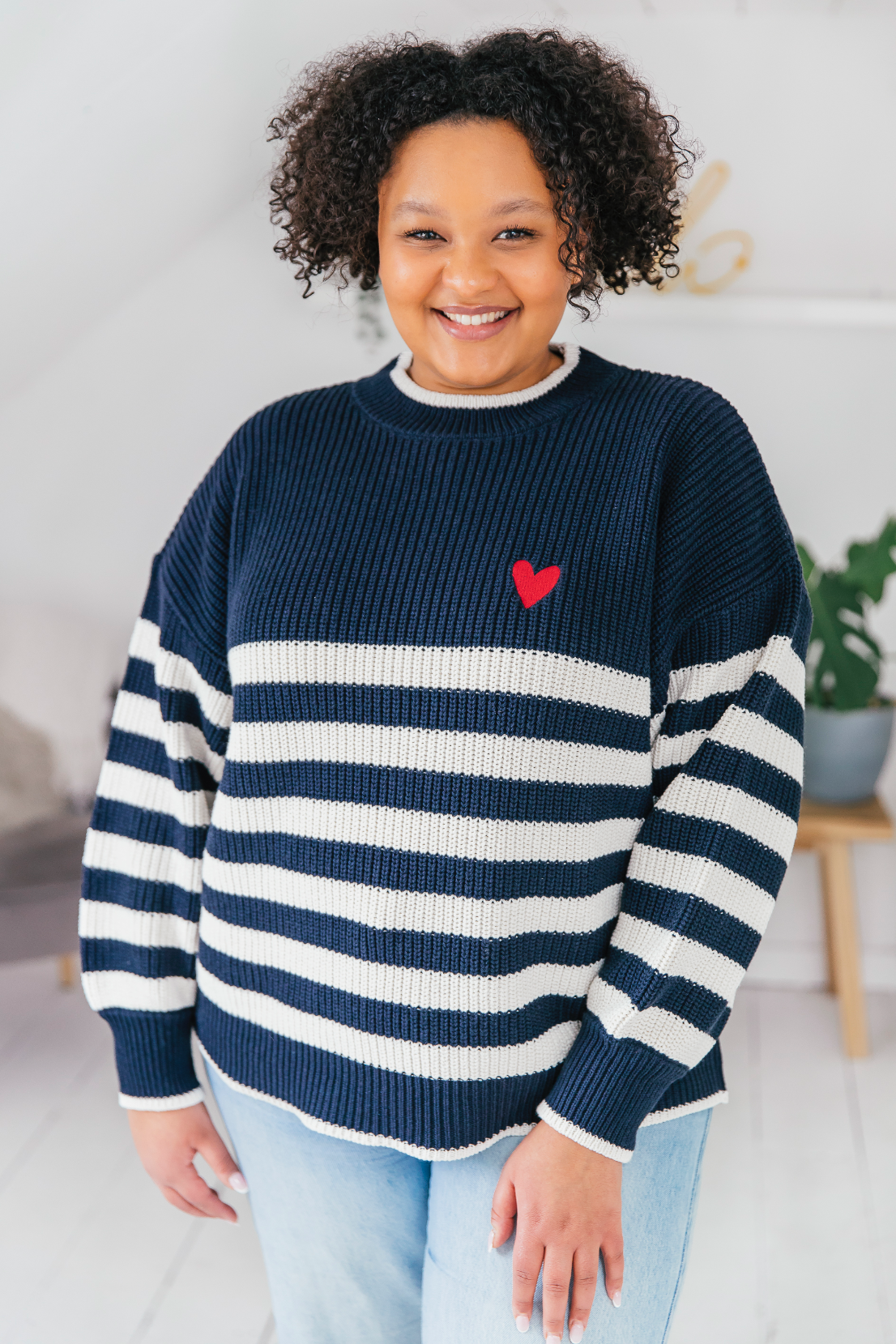 O&F Stripe Jumper with Heart Embroidery