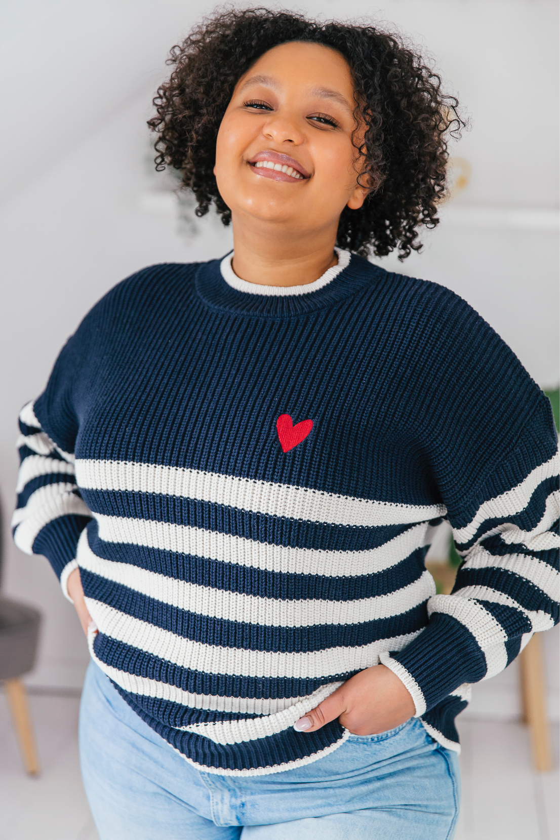 O&F Stripe Jumper with Heart Embroidery