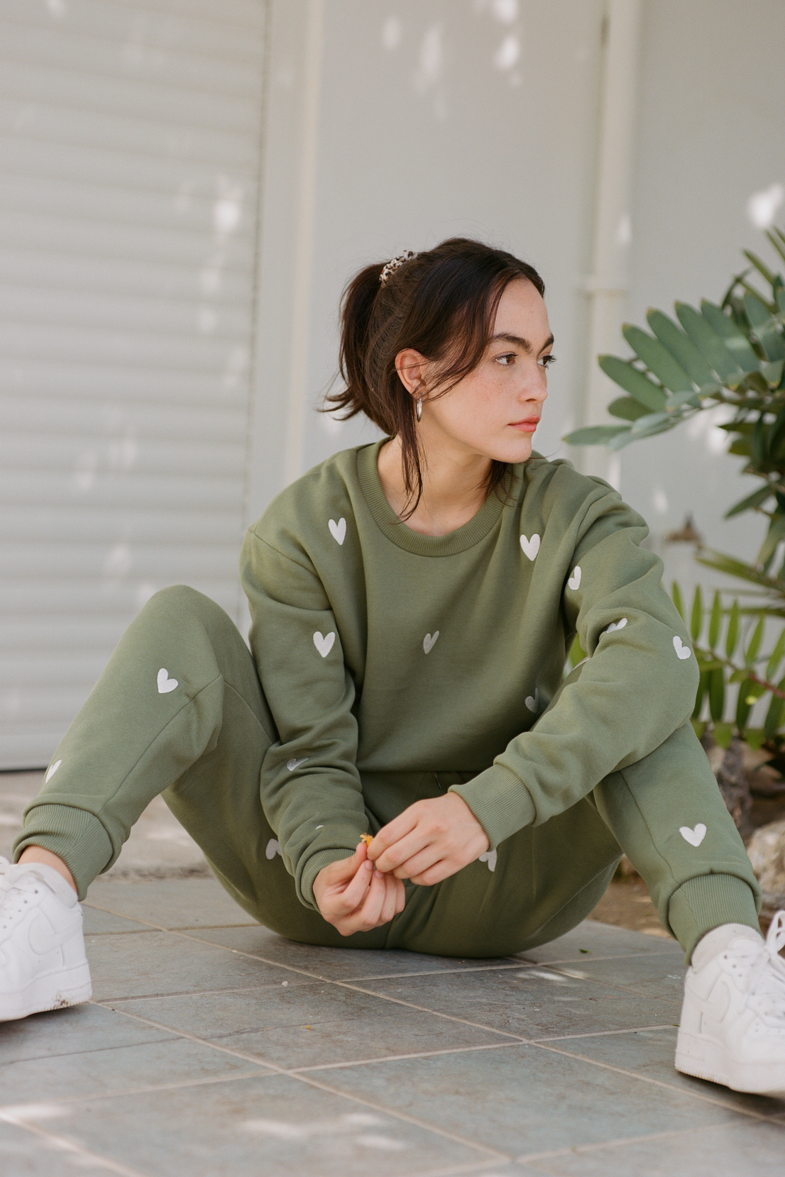 O&F Heart Embroidered Sweatshirt - Olive