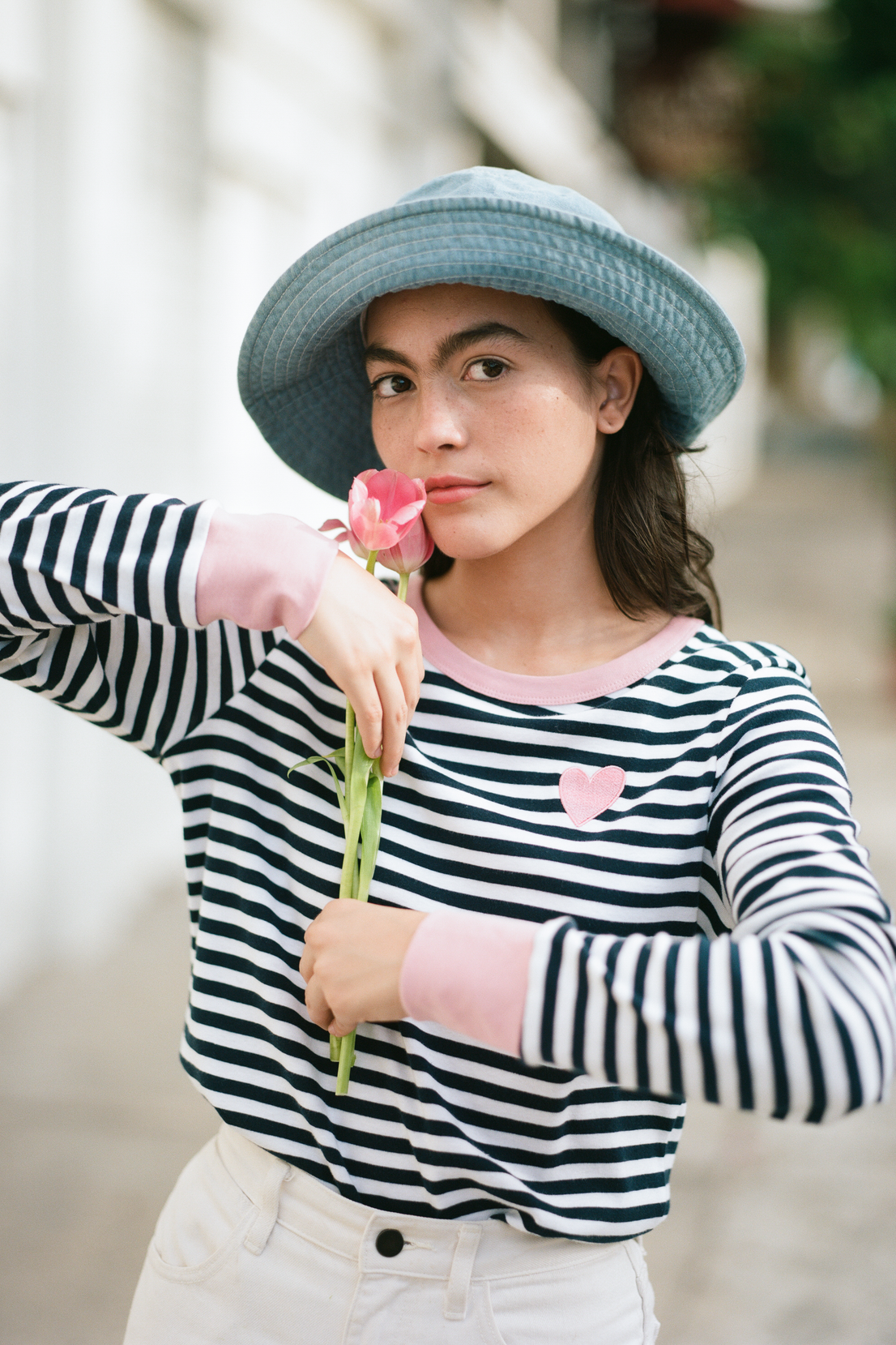 O&F Heart Embroidered Breton - Navy/Dusty Pink