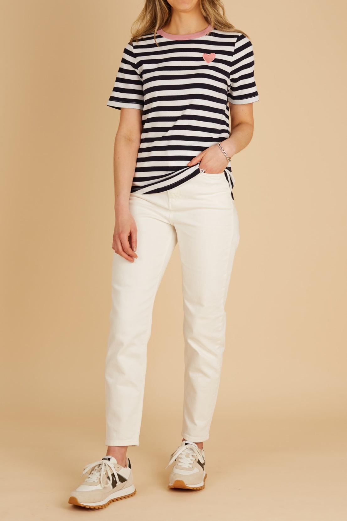 O&F Heart Embroidered Short Sleeve Breton Tee - Navy