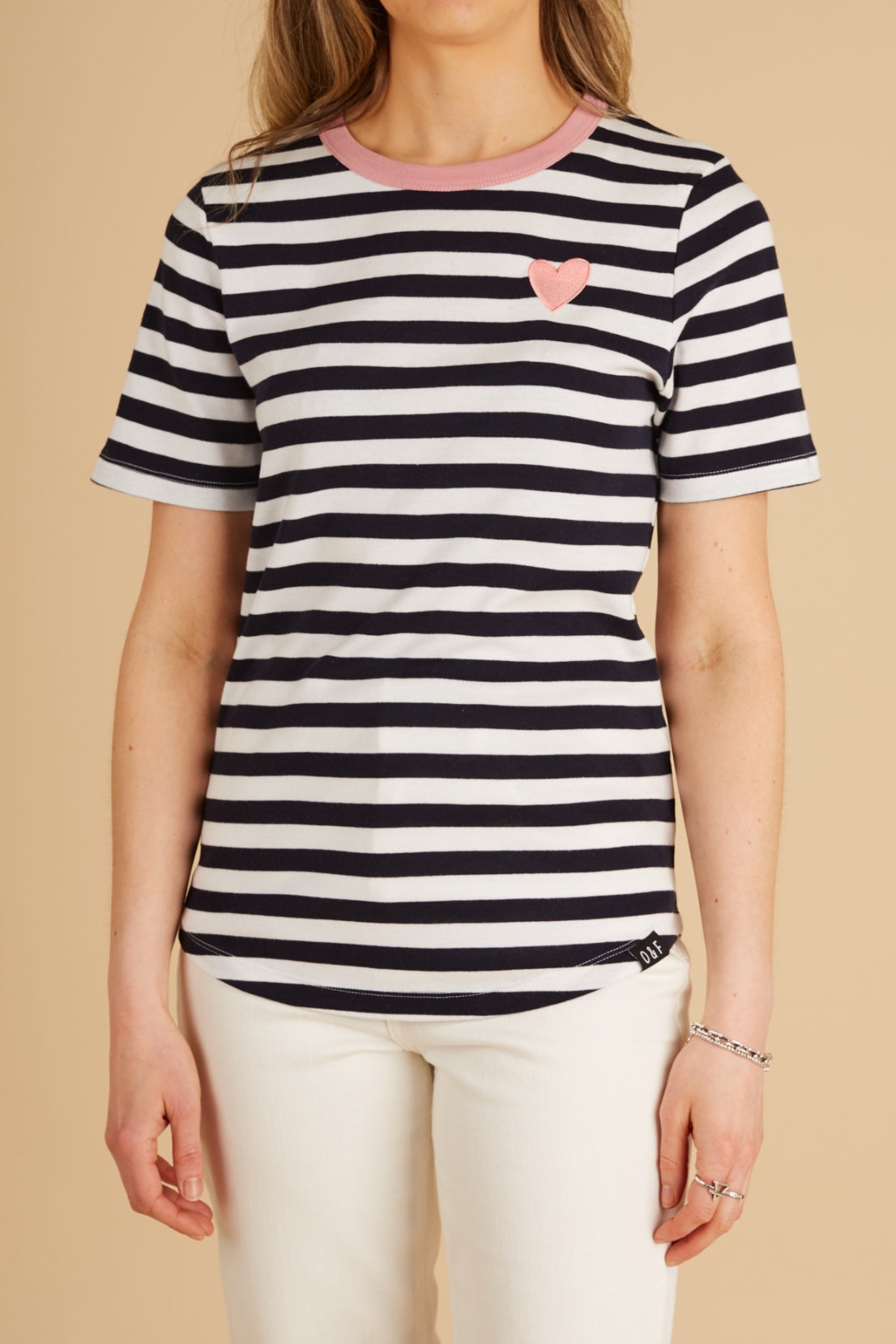 O&F Heart Embroidered Short Sleeve Breton Tee - Navy