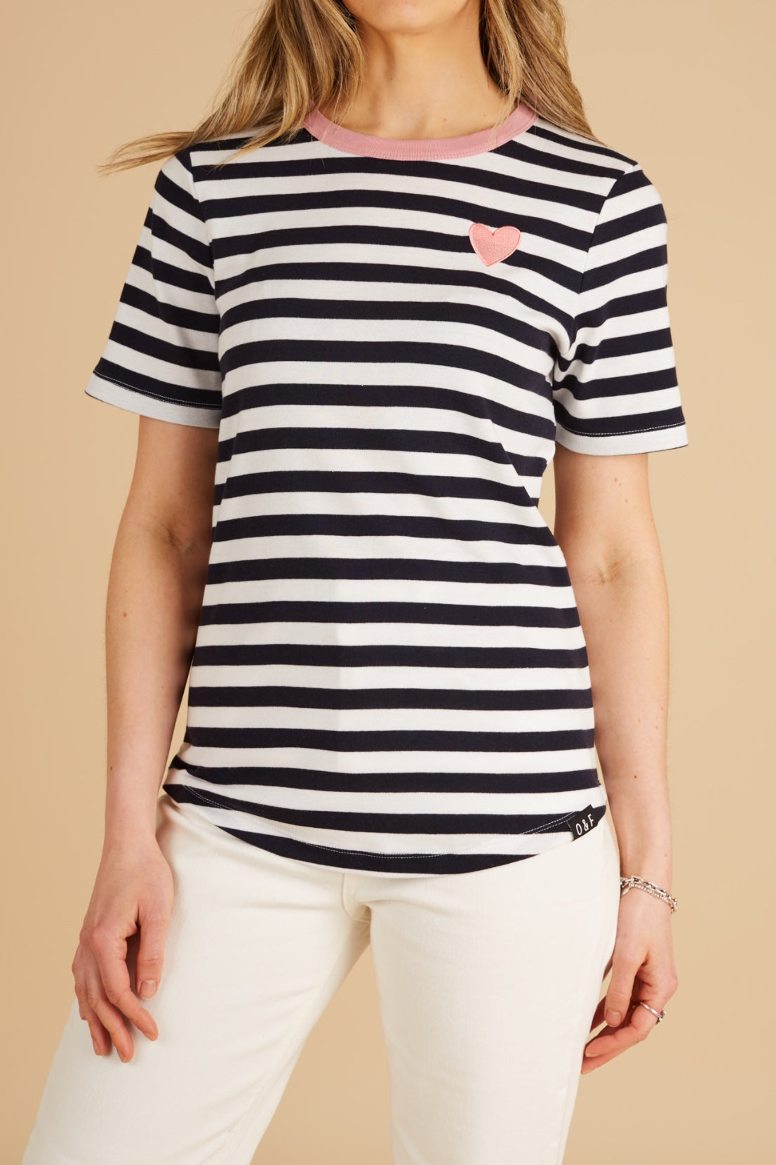 O&F Heart Embroidered Short Sleeve Breton Tee - Navy