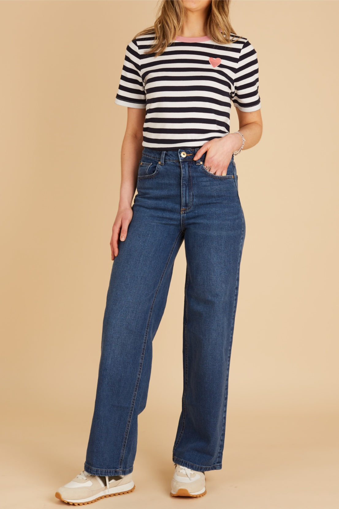 O&F Heart Embroidered Short Sleeve Breton Tee - Navy