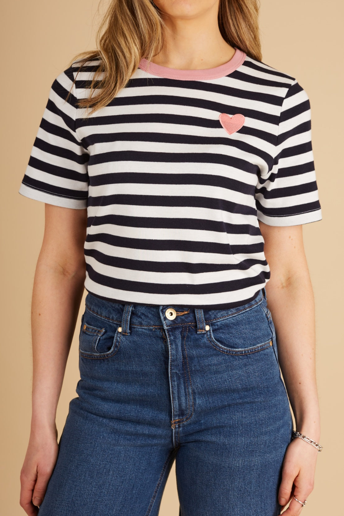 O&F Heart Embroidered Short Sleeve Breton Tee - Navy