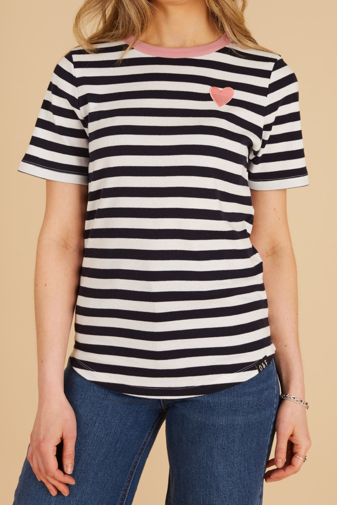 O&F Heart Embroidered Short Sleeve Breton Tee - Navy