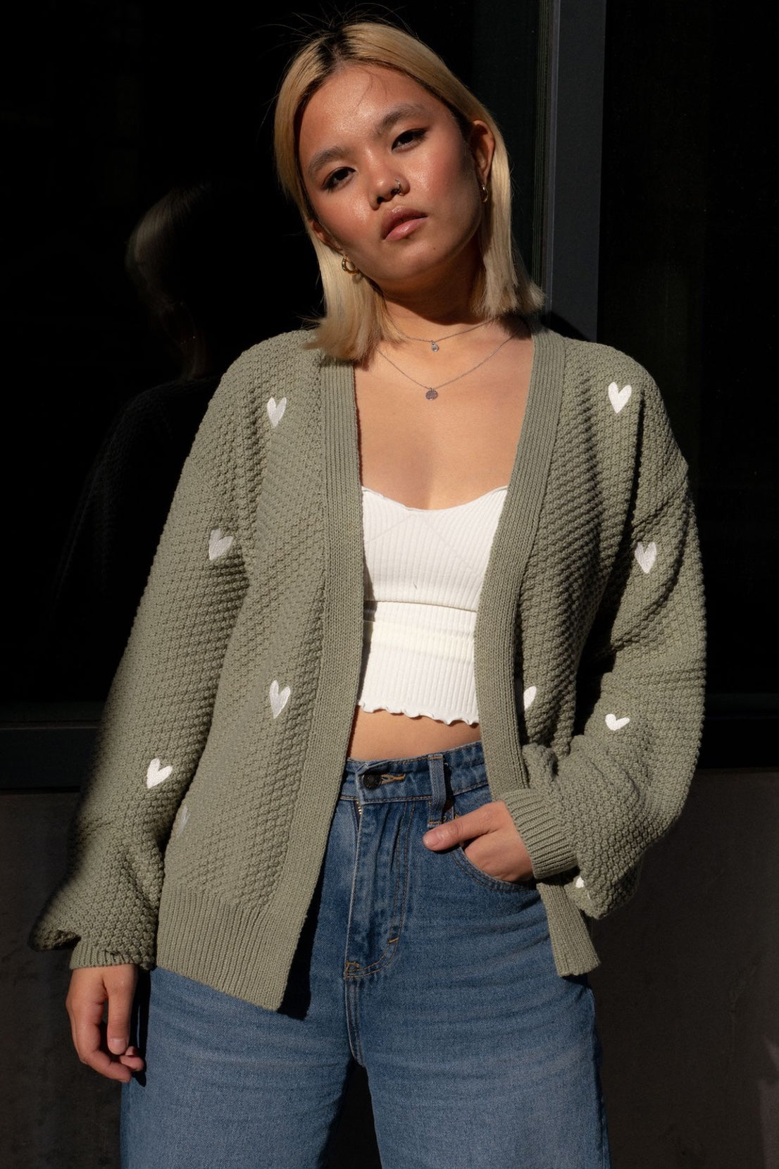 O&F Heart Embroidered Cardigan - Sage