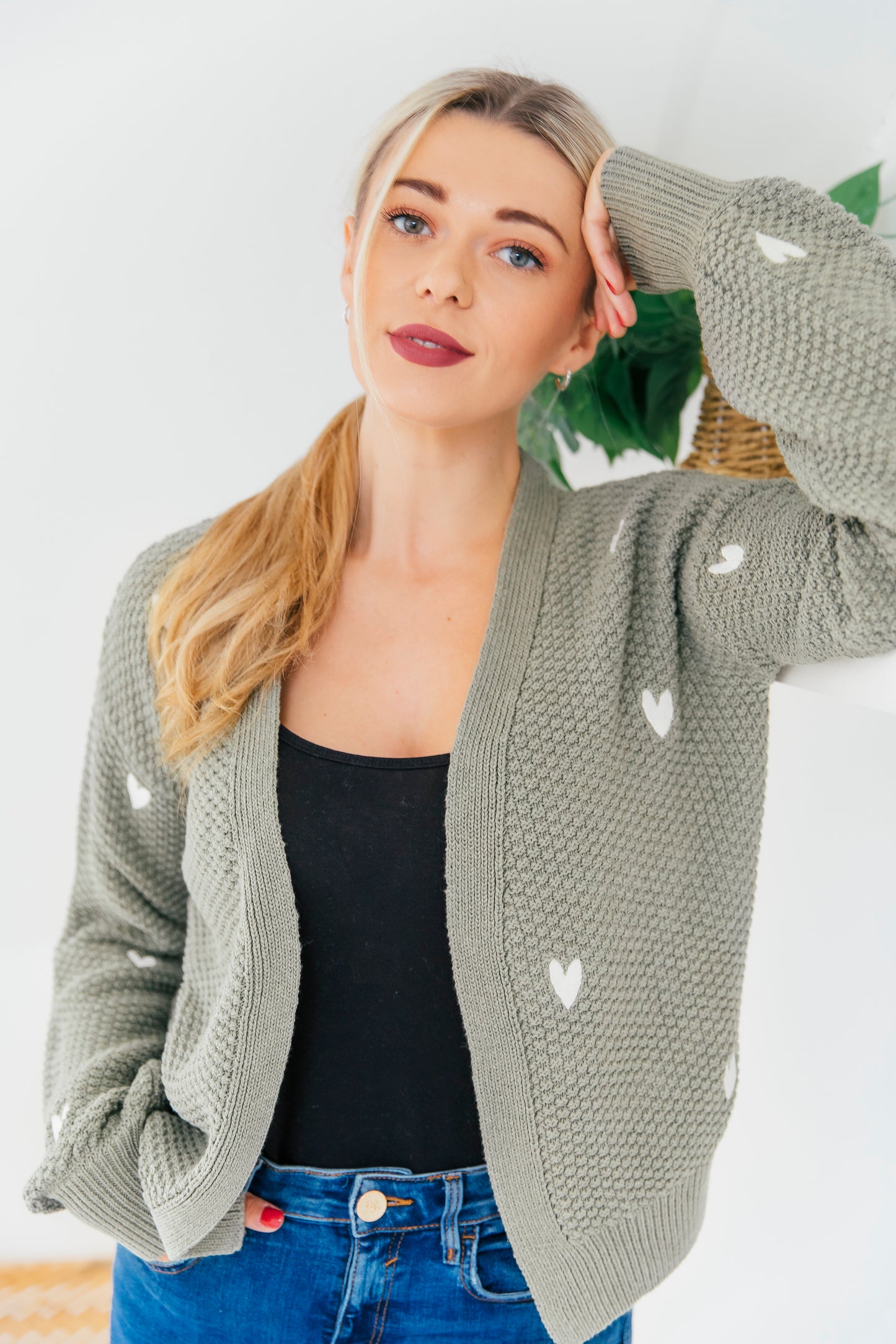 O&F Heart Embroidered Cardigan - Sage