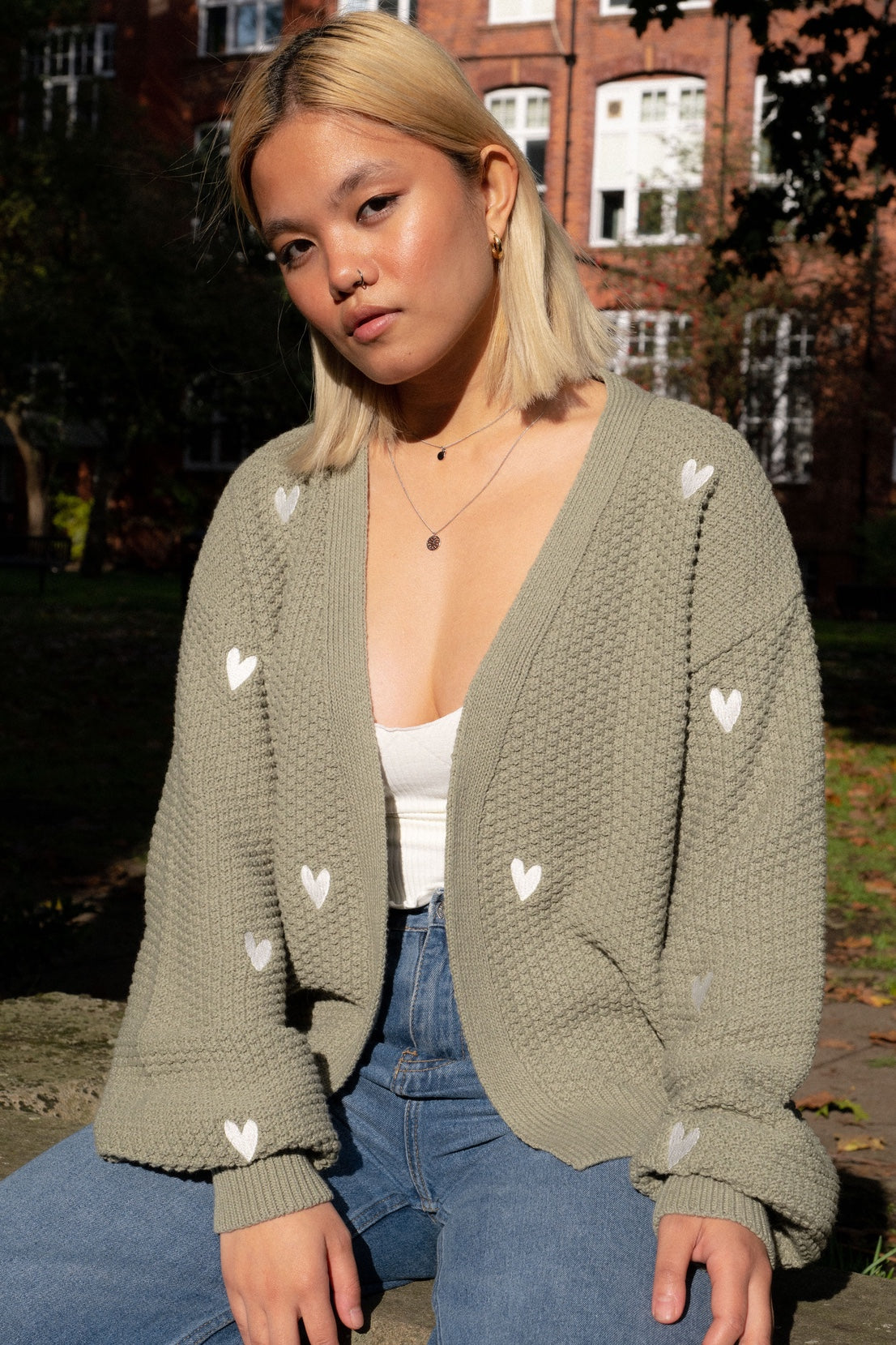 O&F Heart Embroidered Cardigan - Sage