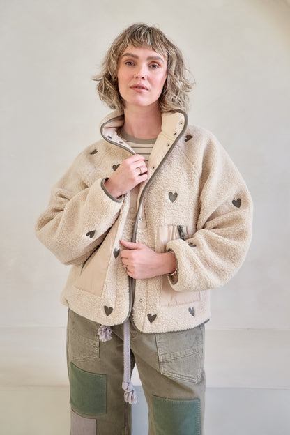 O&F Heart Embroidered Borg Fleece Jacket - Dark Oat