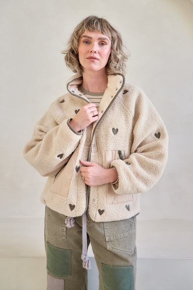 O&F Heart Embroidered Borg Fleece Jacket - Dark Oat – Olive and Frank