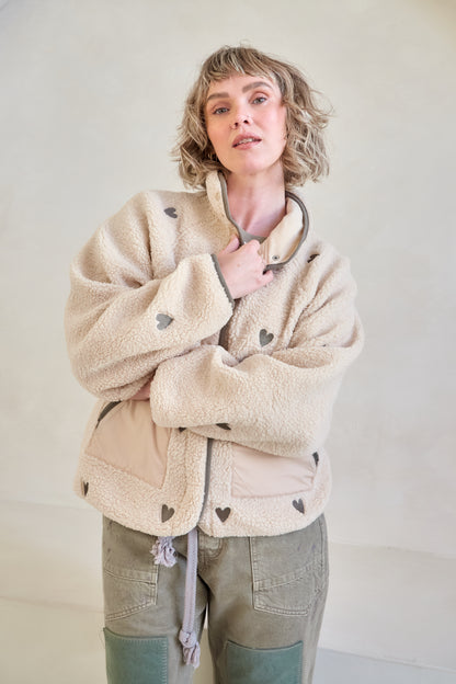O&F Heart Embroidered Borg Fleece Jacket - Dark Oat