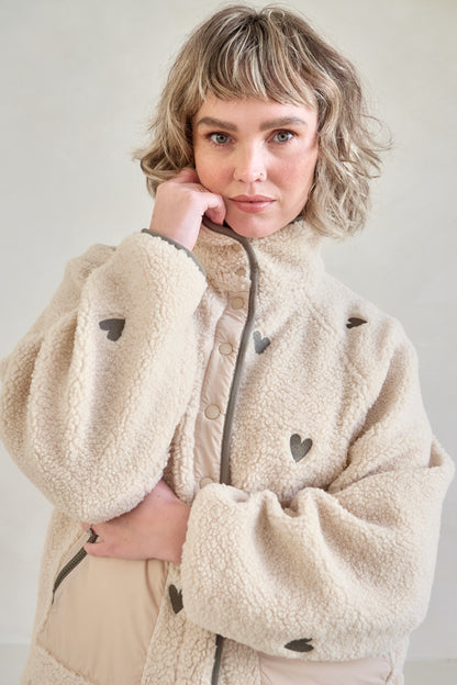 O&F Heart Embroidered Borg Fleece Jacket - Dark Oat