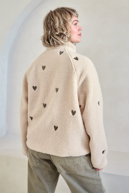 O&F Heart Embroidered Borg Fleece Jacket - Dark Oat