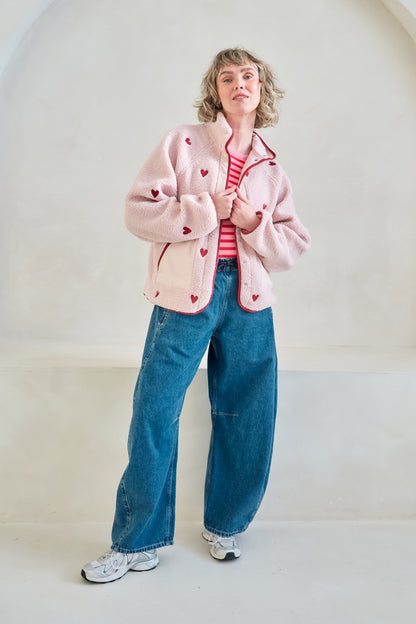 O&F Heart Embroidered Borg Fleece Jacket - Dusty Pink