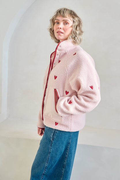 O&F Heart Embroidered Borg Fleece Jacket - Dusty Pink
