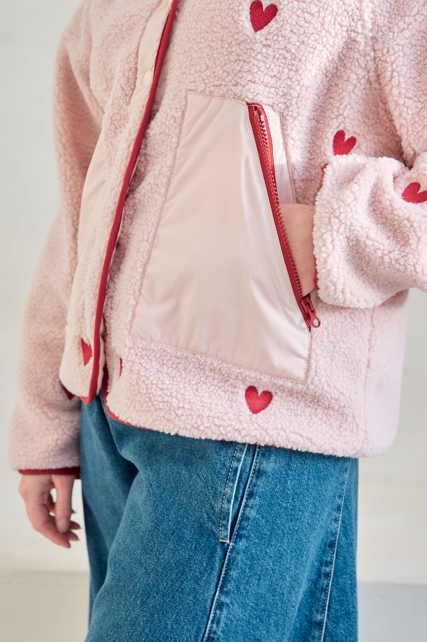 O&F Heart Embroidered Borg Fleece Jacket - Dusty Pink