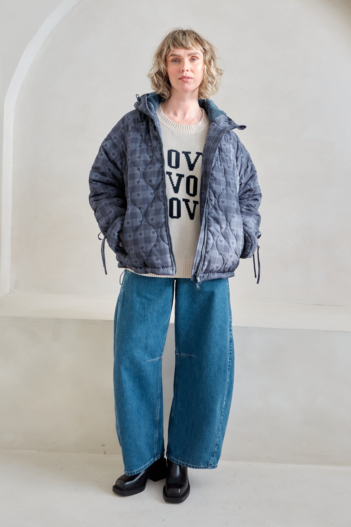 O&F Heart Check Puffer Coat