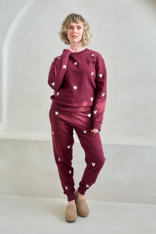 O&F Heart Embroidered Joggers -  Burgundy - Coming Soon