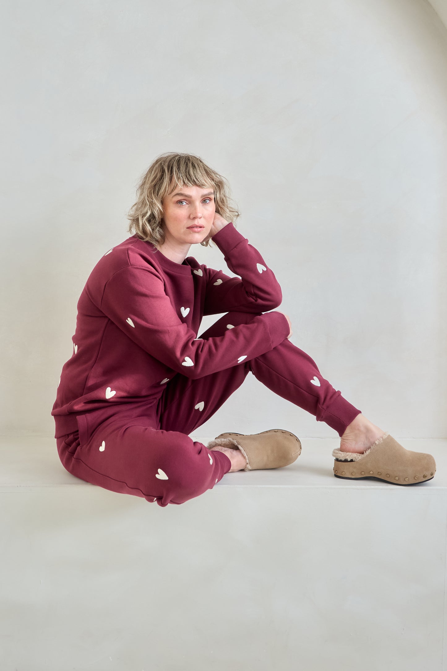O&F Heart Embroidered Joggers -  Burgundy - Coming Soon