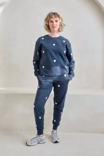 O&F Heart Embroidered Joggers - Navy