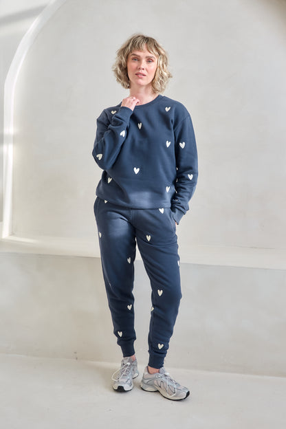 O&F Heart Embroidered Joggers - Navy