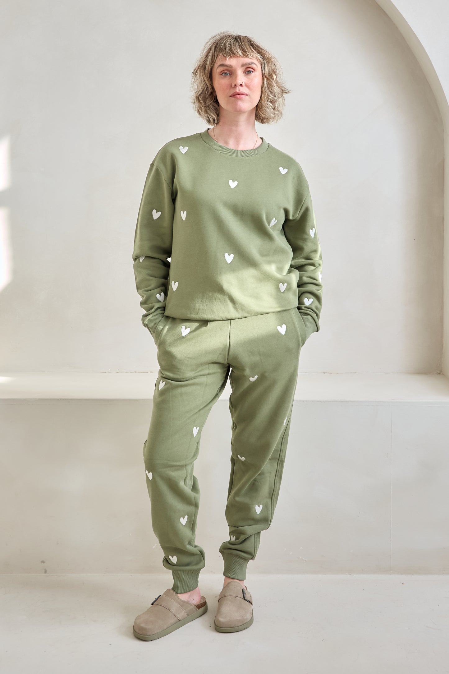 O&F Heart Embroidered Joggers - Olive