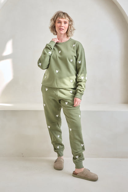 O&F Heart Embroidered Joggers - Olive