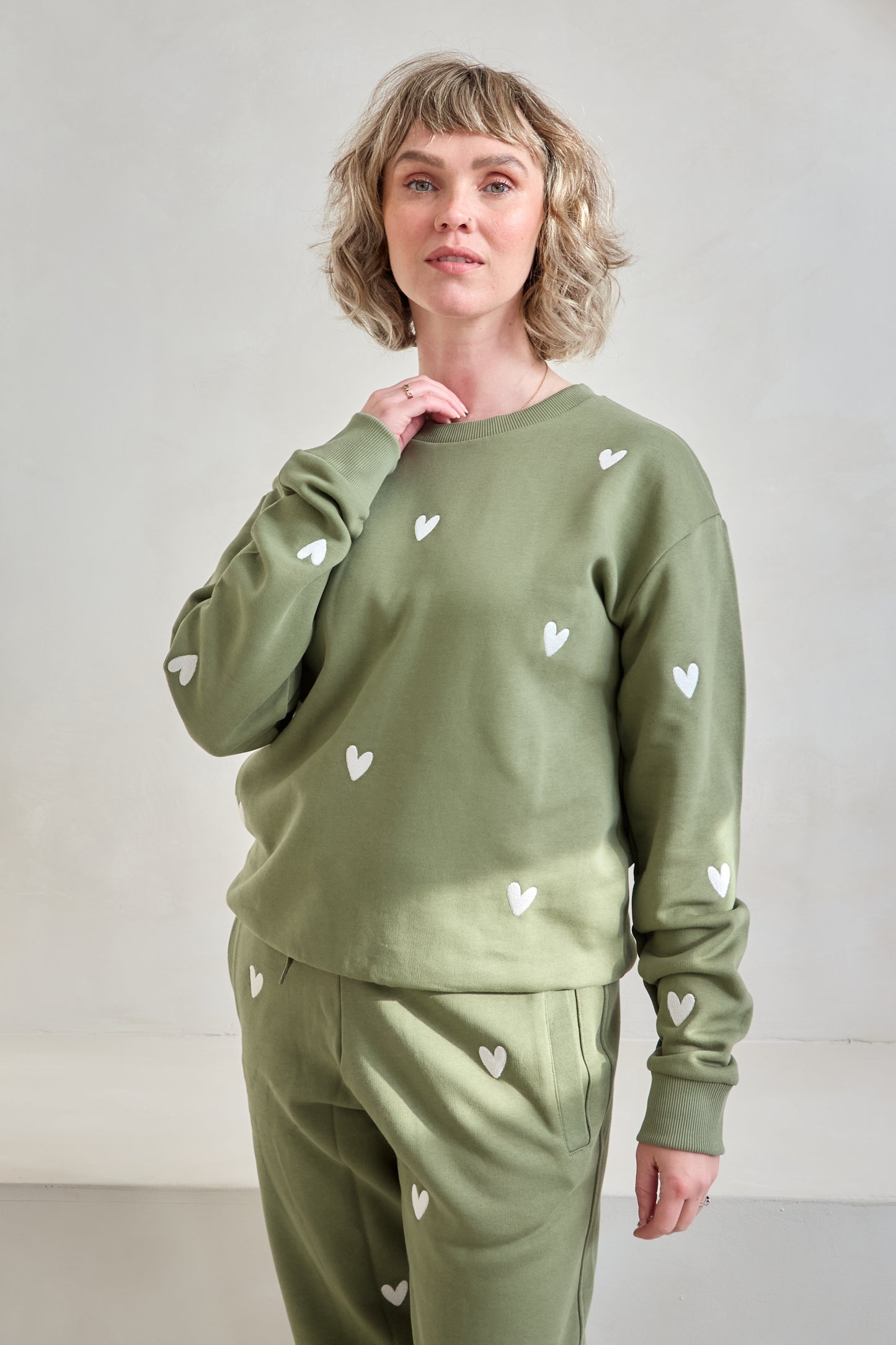 O&F Heart Embroidered Sweatshirt - Olive