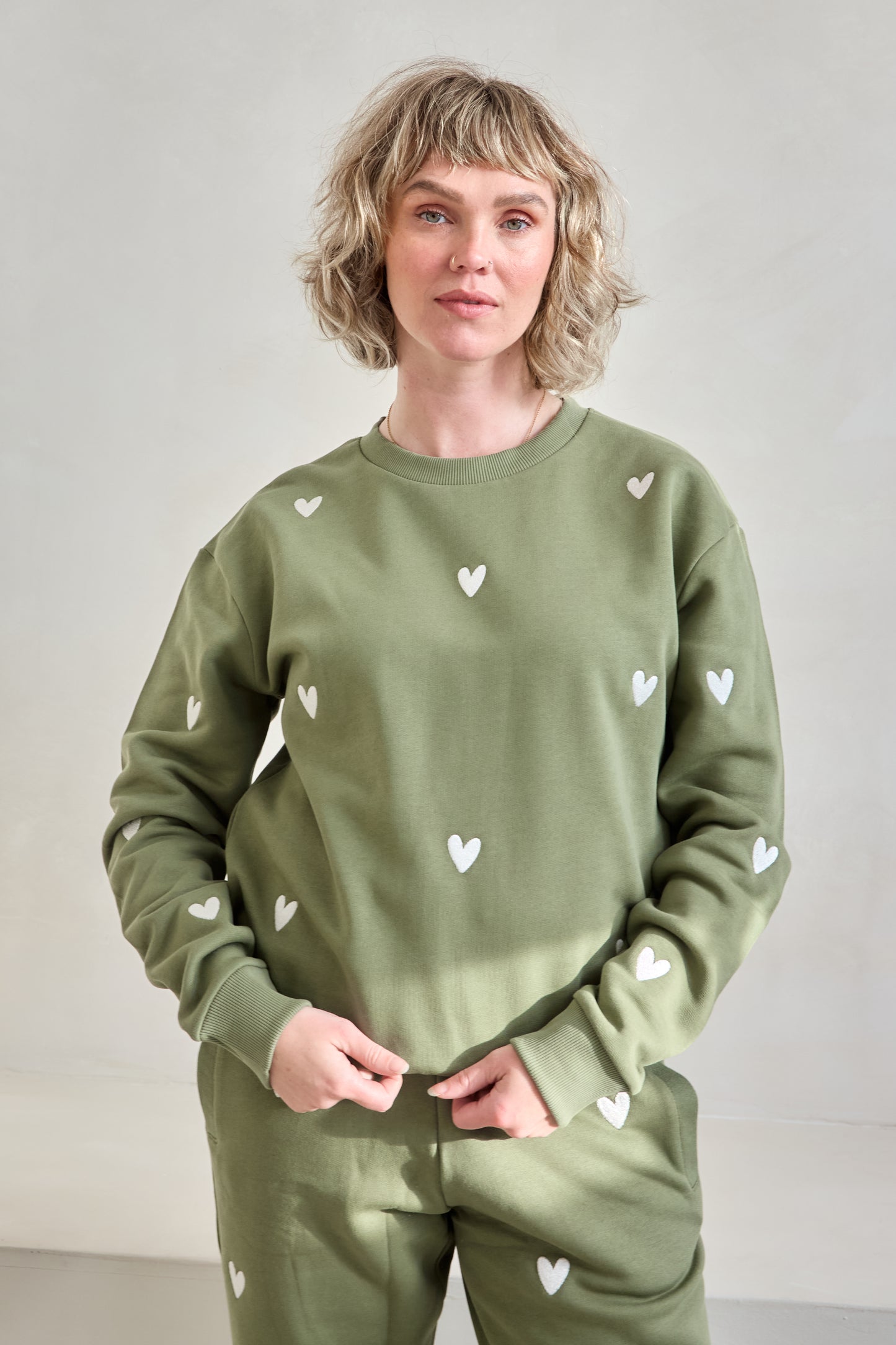 O&F Heart Embroidered Sweatshirt - Olive
