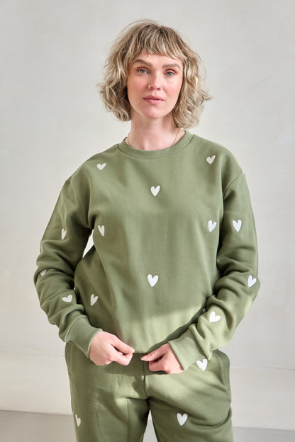 O&F Heart Embroidered Sweatshirt - Olive