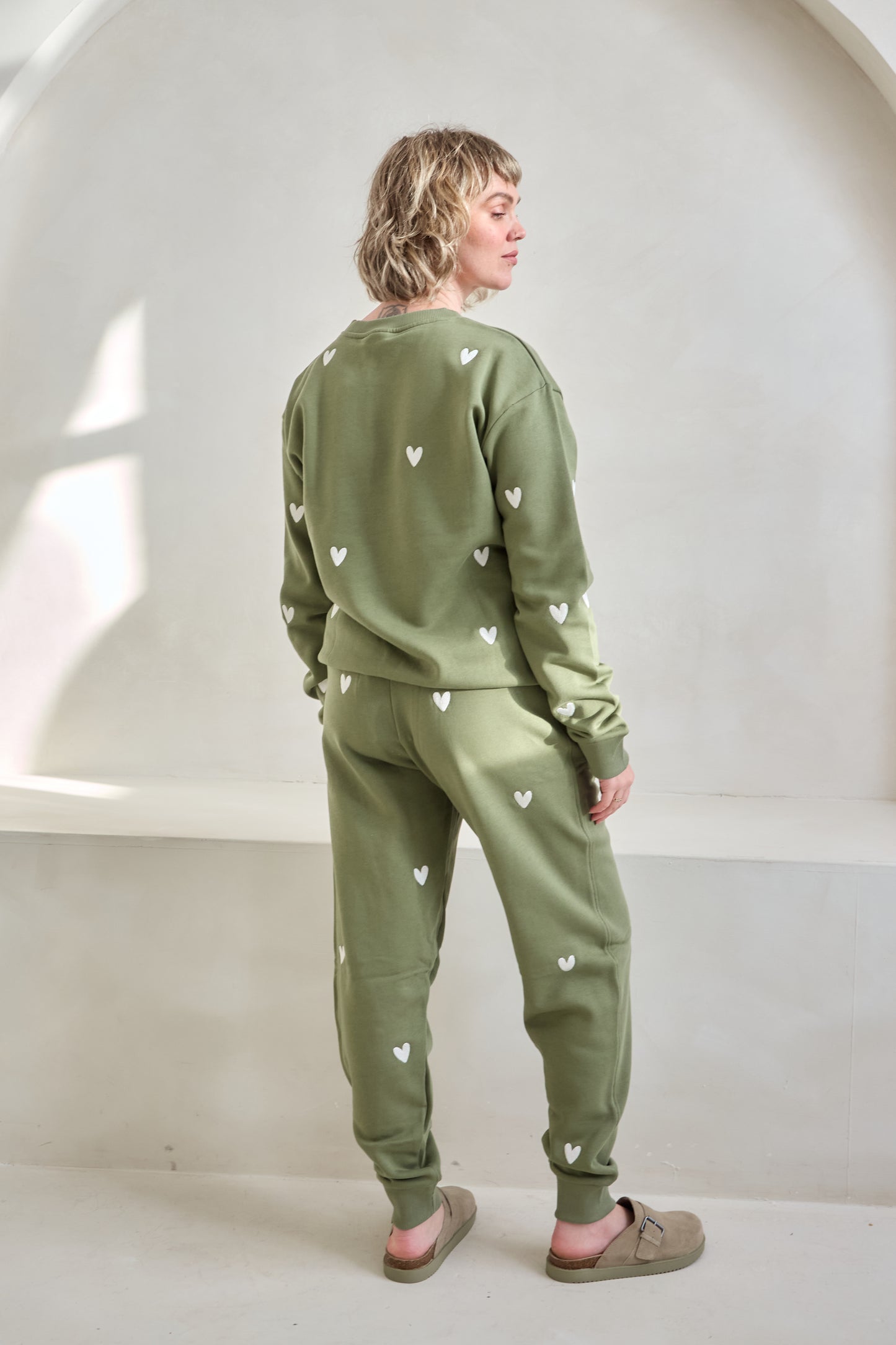 O&F Heart Embroidered Joggers - Olive