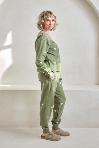 O&F Heart Embroidered Joggers - Olive