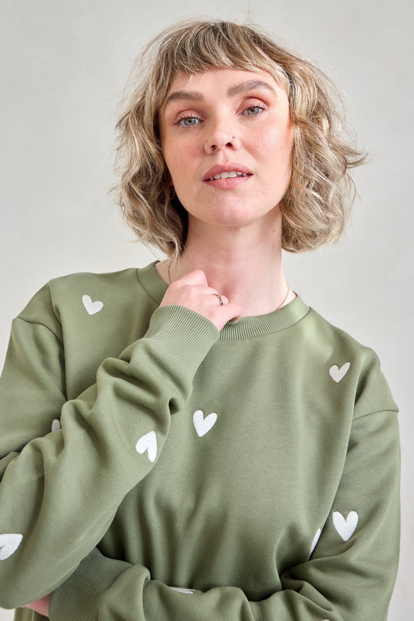 O&F Heart Embroidered Sweatshirt - Olive