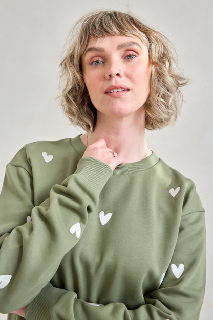 O&F Heart Embroidered Sweatshirt - Olive