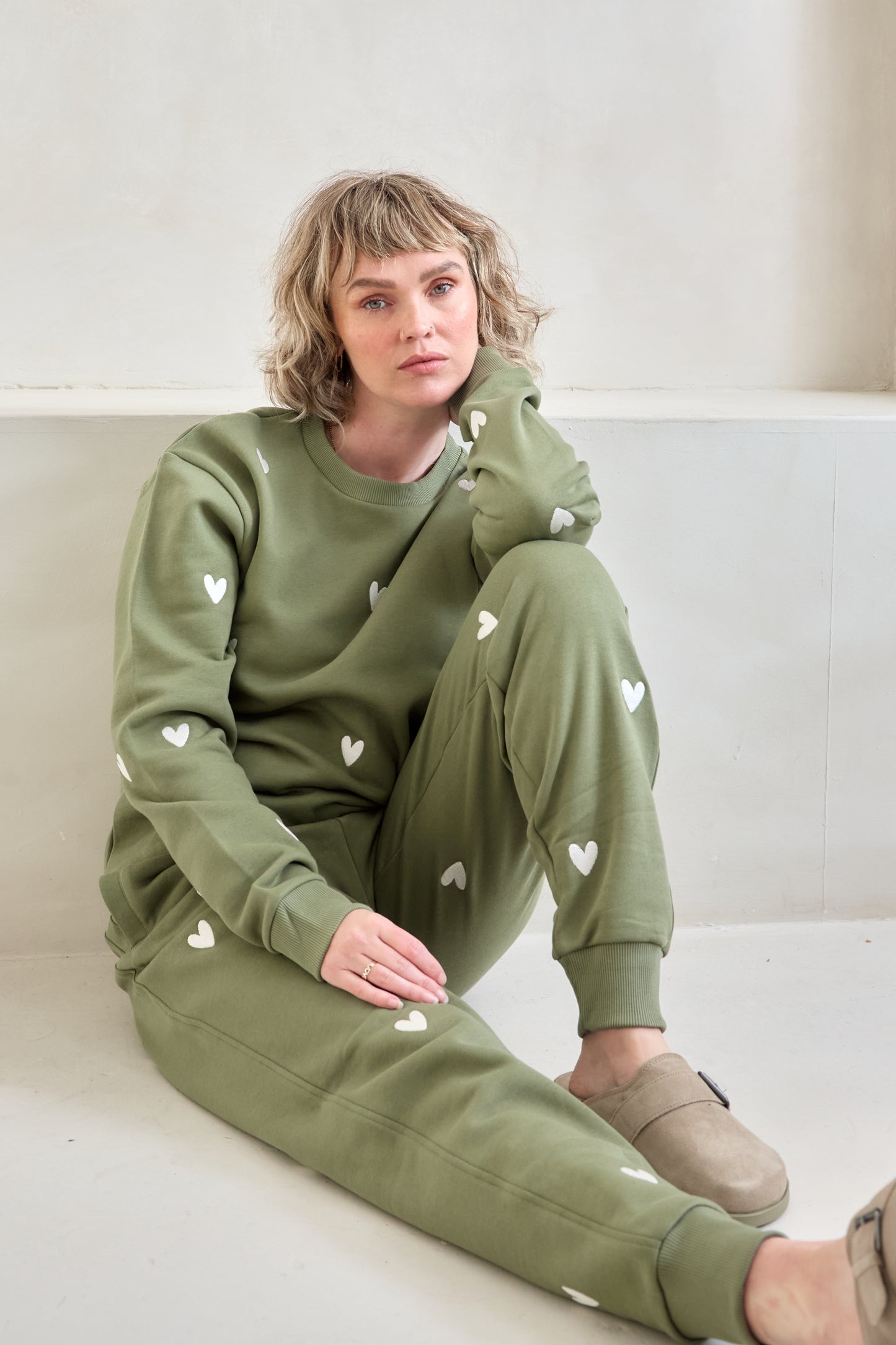 O&F Heart Embroidered Joggers - Olive