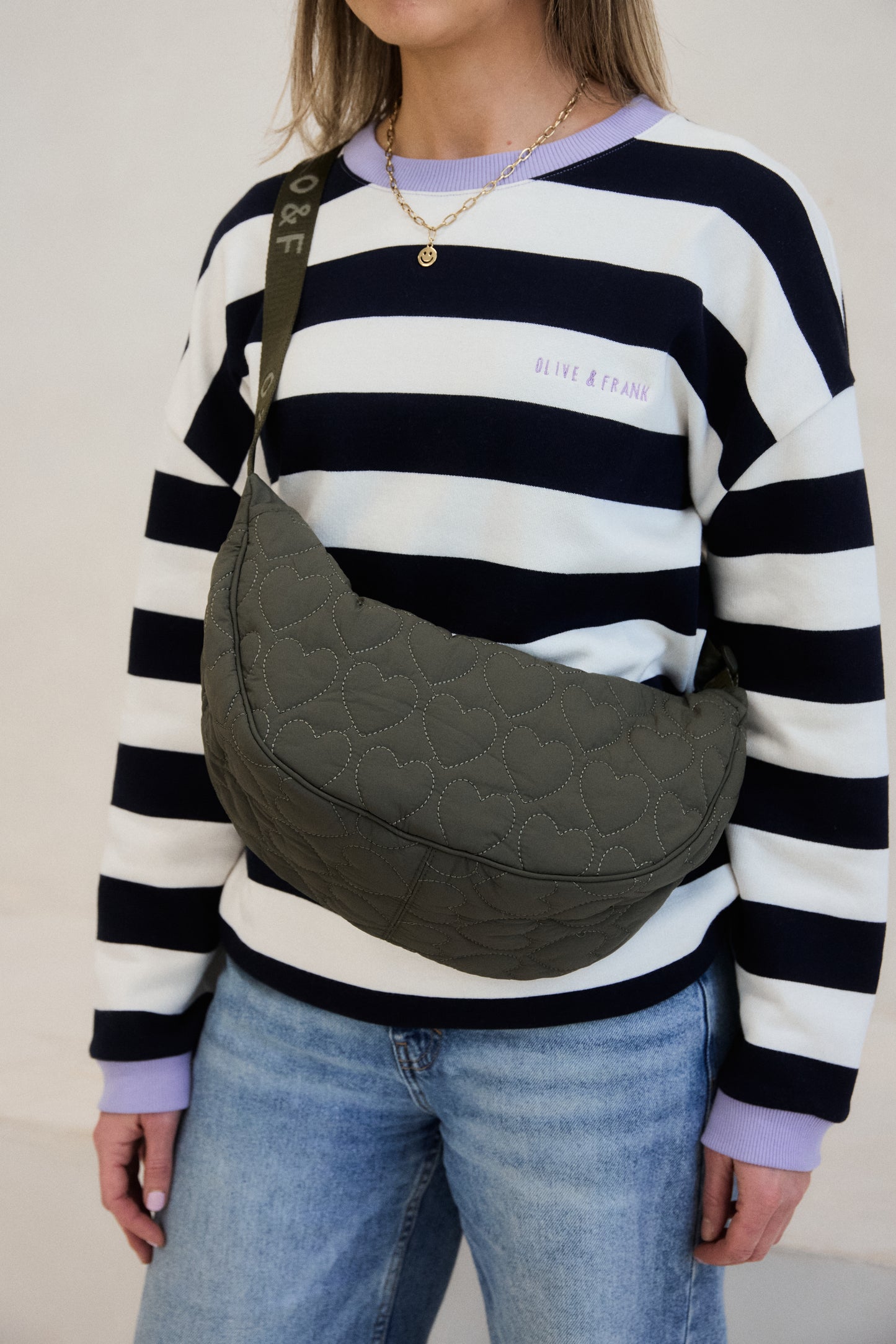 Heart Quilted Cross Body Bag - Khaki