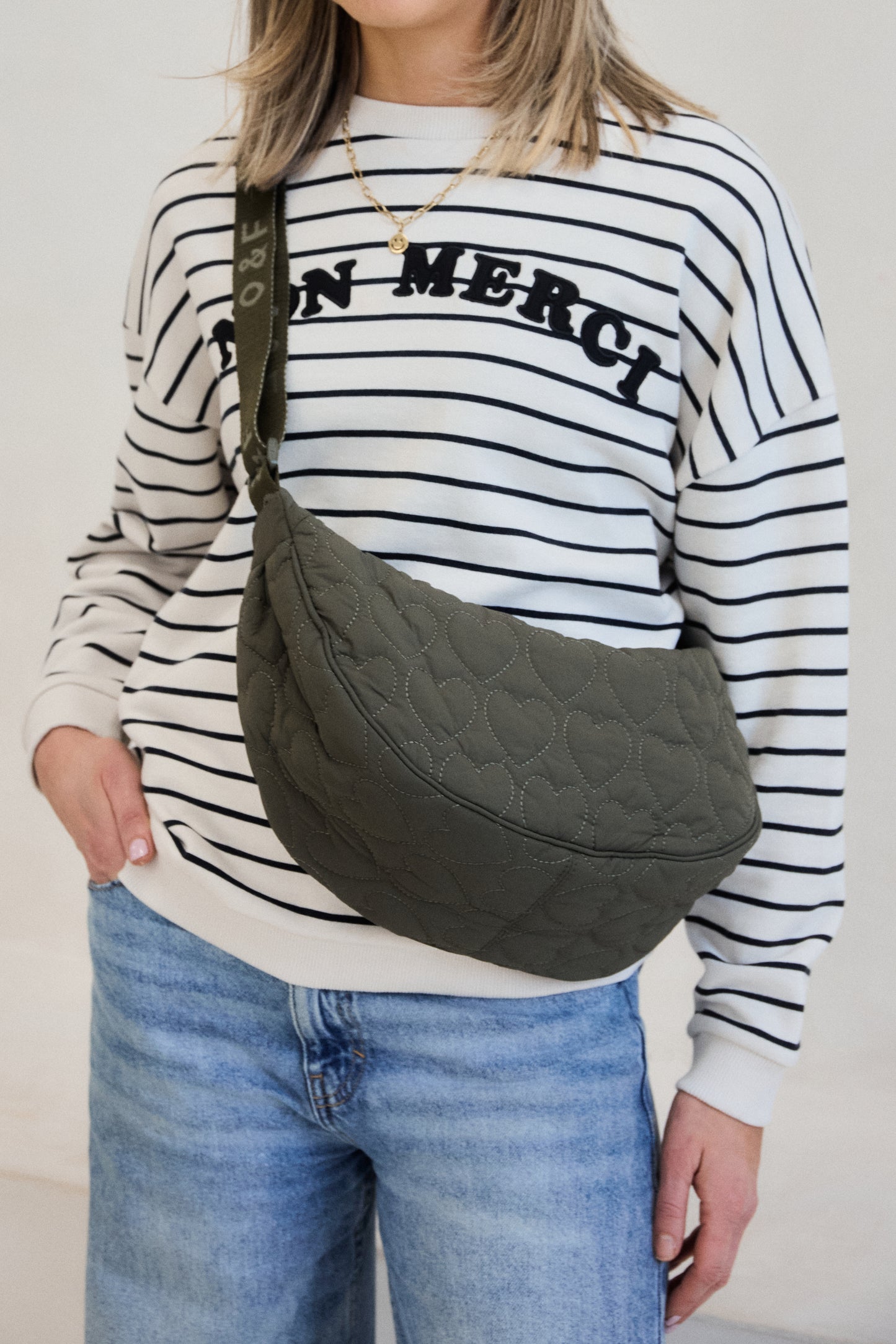 Heart Quilted Cross Body Bag - Khaki