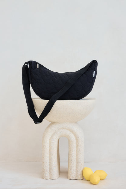 Heart Quilted Cross Body Bag -  Black