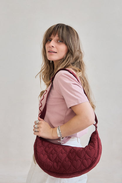 Heart Quilted Cross Body Bag - Burgundy