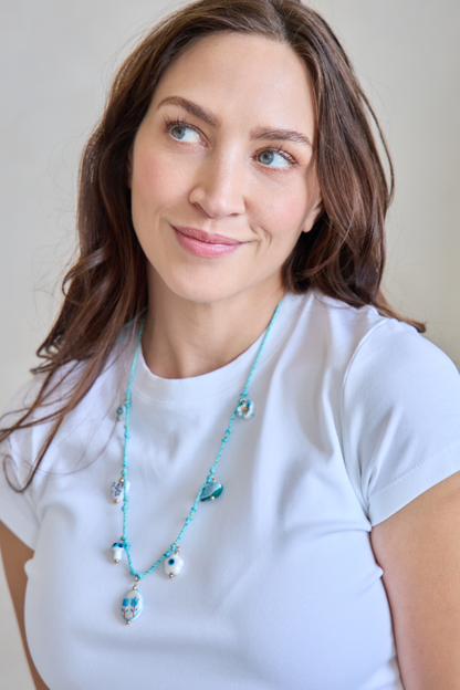 O&F Beaded Charm Cord Necklace - Blue