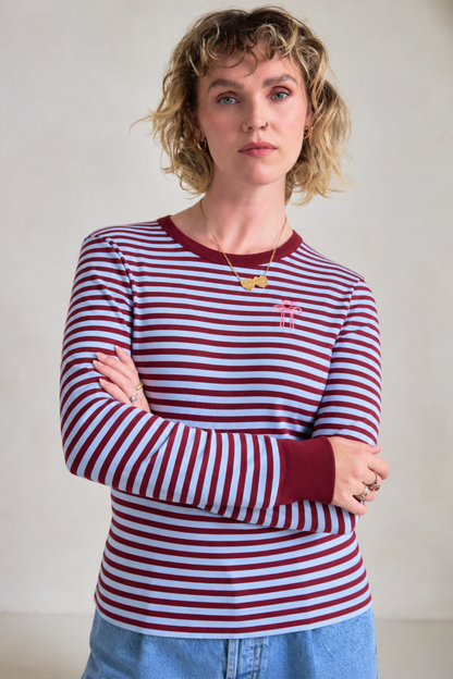 O&F Bow Embroidered Long Sleeve Breton Tee