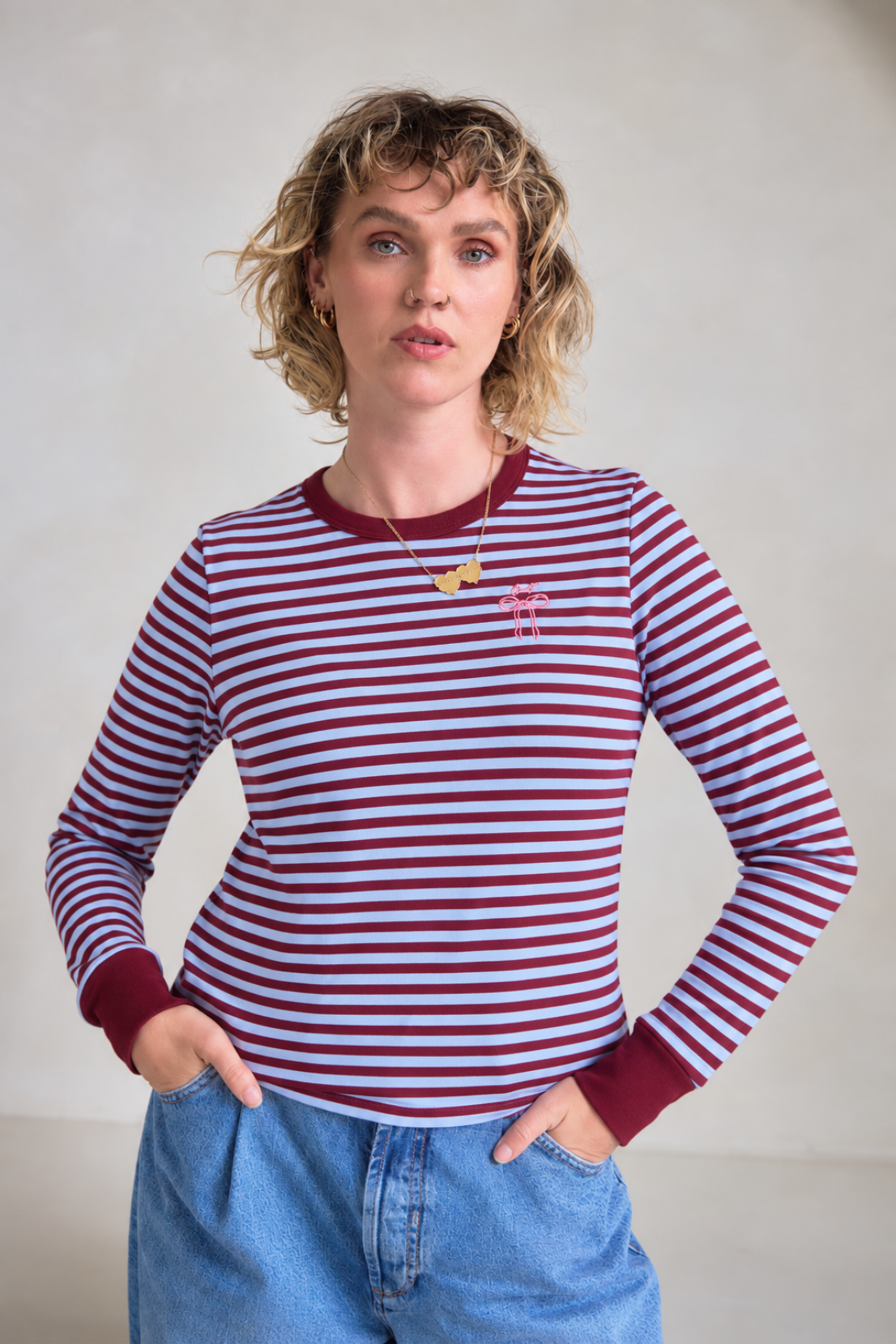 O&F Bow Embroidered Long Sleeve Breton Tee