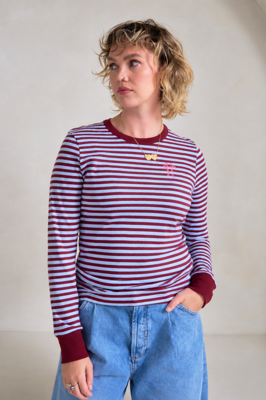 O&F Bow Embroidered Long Sleeve Breton Tee