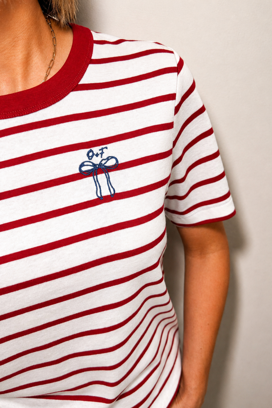O&F Bow Embroidered Short Sleeve Breton Tee - Red