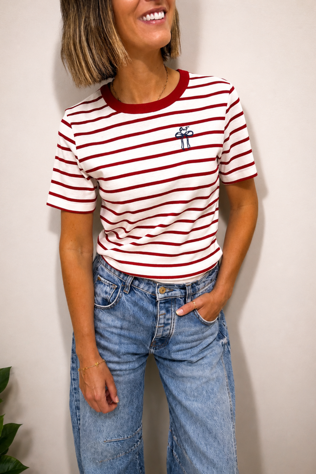 O&F Bow Embroidered Short Sleeve Breton Tee - Red