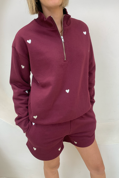 O&F Burgundy Heart Embroidered Quarter Zip Sweatshirt