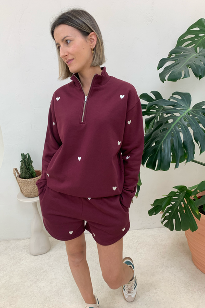 O&F Burgundy Heart Embroidered Quarter Zip Sweatshirt