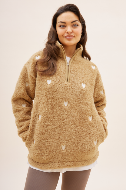 O&F Caramel Heart Embroidered Borg Fleece